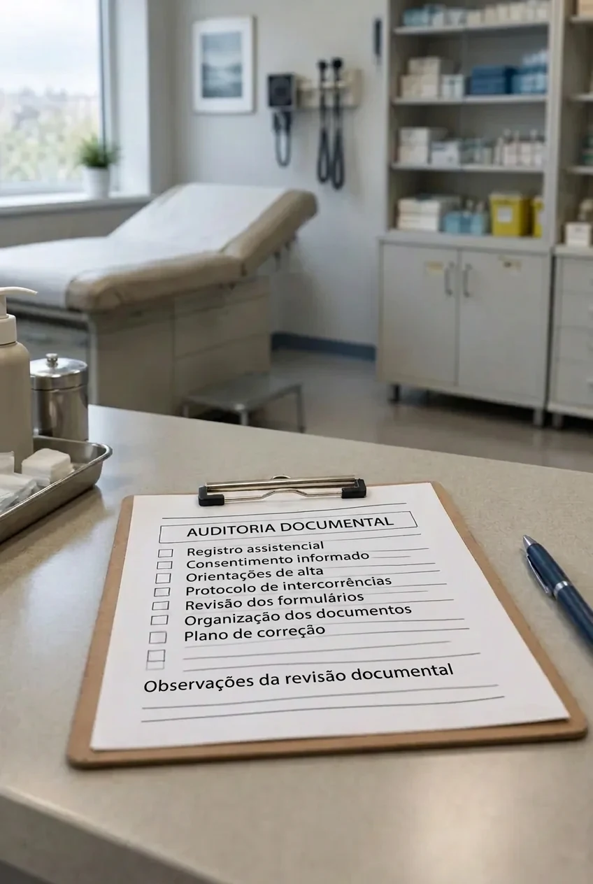 Prancheta com checklist de segurança em sala de procedimento organizada